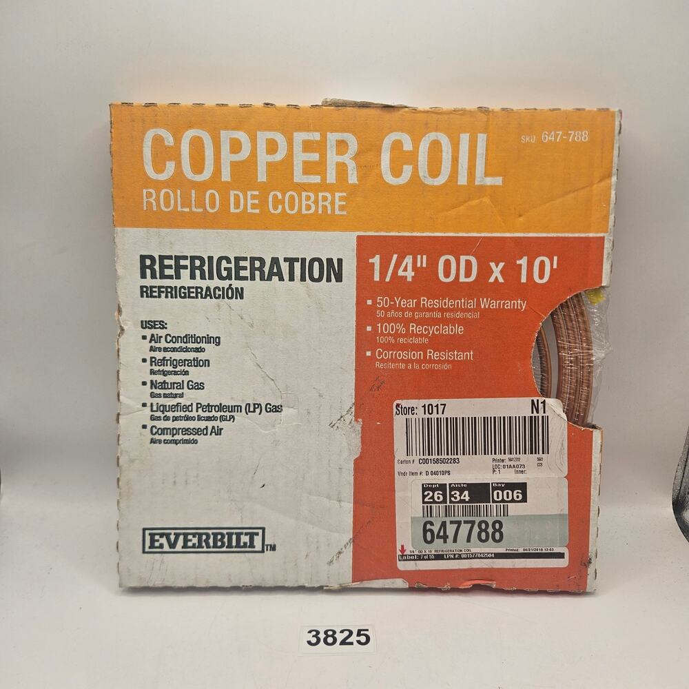 EVERBILT SOFT COPPER REFRIGERATION COIL 1/4" OD X 10 FT 647-788 NIB